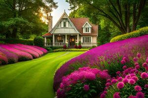 magnifique jardin avec violet fleurs et une maison. généré par ai photo