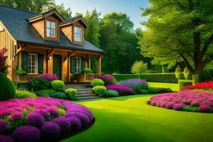 une magnifique jardin avec fleurs et une maison. généré par ai photo