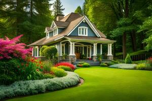 une magnifique maison avec une pelouse et fleurs. généré par ai photo