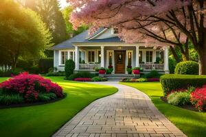une magnifique maison avec une passerelle de premier plan à une magnifique jardin. généré par ai photo
