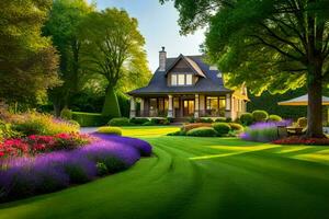 une magnifique jardin avec fleurs et des arbres. généré par ai photo