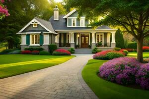 une magnifique maison avec une magnifique pelouse et fleurs. généré par ai photo