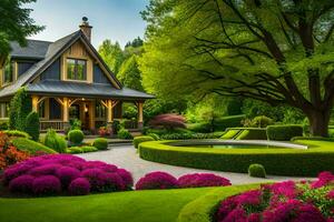 magnifique jardin avec une maison et fleurs. généré par ai photo