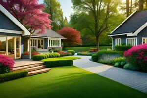 une magnifique jardin avec une passerelle et pelouse. généré par ai photo