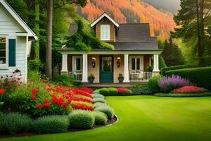 une magnifique jardin avec fleurs et une maison. généré par ai photo