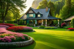une magnifique maison avec une pelouse et fleurs. généré par ai photo