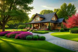 une magnifique Accueil avec une magnifique jardin et des arbres. généré par ai photo