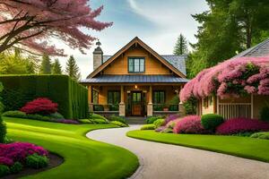 une magnifique jardin avec une maison et des arbres. généré par ai photo