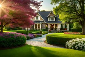 magnifique maison avec magnifique aménagement paysager et des arbres. généré par ai photo