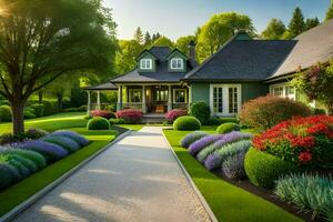 une magnifique Accueil avec une jardin et aménagement paysager. généré par ai photo