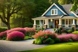 une magnifique maison avec fleurs et des arbres. généré par ai photo