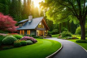une magnifique maison dans le milieu de une luxuriant vert pelouse. généré par ai photo