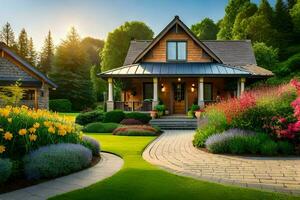 une magnifique Accueil avec une jardin et fleurs. généré par ai photo