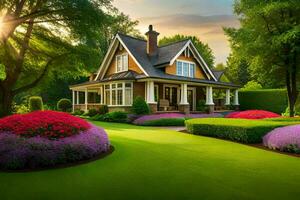 une magnifique maison avec fleurs et des arbres. généré par ai photo