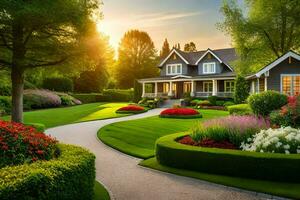 une magnifique jardin avec une maison et pelouse. généré par ai photo