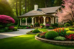 magnifique jardin avec fleurs et des arbres. généré par ai photo