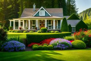 une magnifique maison avec une jardin et fleurs. généré par ai photo