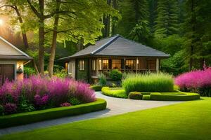 une magnifique jardin avec une maison et une pelouse. généré par ai photo