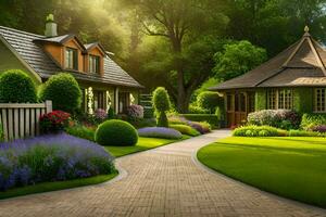 une magnifique jardin avec une passerelle et une maison. généré par ai photo