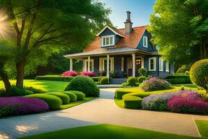 une magnifique maison avec une jardin et des arbres. généré par ai photo