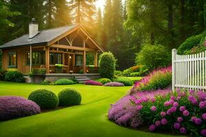 une petit cabine dans le milieu de une luxuriant vert pelouse. généré par ai photo