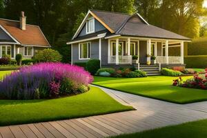 une magnifique pelouse avec une maison et fleurs. généré par ai photo