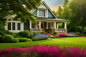 une magnifique maison avec une pelouse et fleurs. généré par ai photo