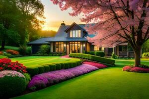 une magnifique jardin avec coloré fleurs et des arbres. généré par ai photo