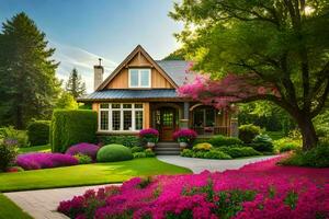 une magnifique maison entouré par fleurs. généré par ai photo