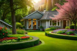 magnifique paysage avec une maison et jardin. généré par ai photo