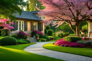 une magnifique jardin avec rose des arbres et fleurs. généré par ai photo