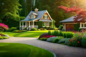 une magnifique jardin avec une maison et fleurs. généré par ai photo