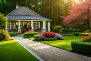 une magnifique jardin avec une maison et fleurs. généré par ai photo