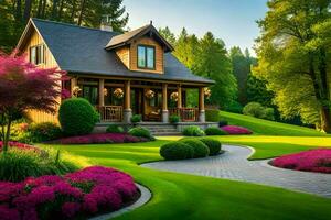 une magnifique jardin avec fleurs et des arbres. généré par ai photo