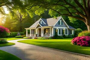 une magnifique maison avec une allée et des arbres. généré par ai photo