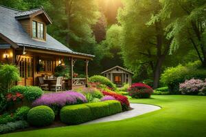 une magnifique jardin avec une maison et fleurs. généré par ai photo