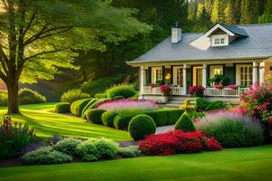 une magnifique jardin avec coloré fleurs et arbustes. généré par ai photo