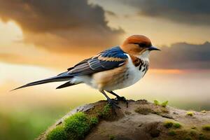 une oiseau est séance sur une Roche dans de face de une le coucher du soleil. généré par ai photo