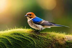 une bleu et Orange oiseau séance sur Haut de une mousse couvert rock. généré par ai photo