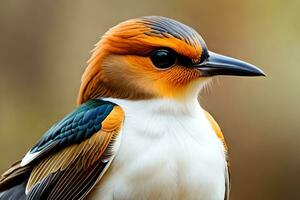 une proche en haut de une oiseau avec une coloré diriger. généré par ai photo