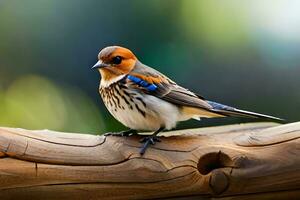 une petit oiseau avec une bleu et Orange diriger. généré par ai photo