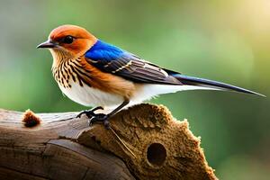 une coloré oiseau est séance sur une en bois enregistrer. généré par ai photo