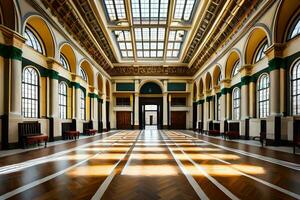 le intérieur de une grand bâtiment avec beaucoup les fenêtres. généré par ai photo