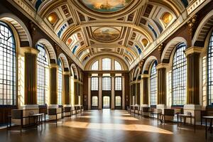 le intérieur de une grand bâtiment avec beaucoup les fenêtres. généré par ai photo