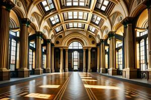 un vide salle avec Colonnes et les fenêtres. généré par ai photo