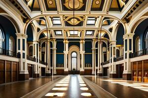 le intérieur de une grand bâtiment avec une lot de les fenêtres. généré par ai photo