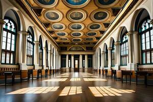 le intérieur de une grand bâtiment avec beaucoup les fenêtres. généré par ai photo