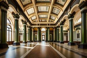 le intérieur de une grand bâtiment avec Colonnes et les fenêtres. généré par ai photo