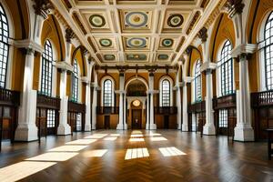 le intérieur de une grand bâtiment avec beaucoup les fenêtres. généré par ai photo