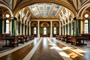 le intérieur de une grand bâtiment avec en bois étages. généré par ai photo